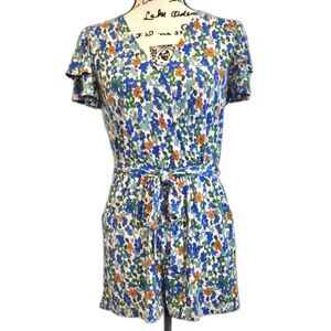 Baltic Born Daytona Floral Romper Small Blue Green Multi Wrap Tie Pockets NWT